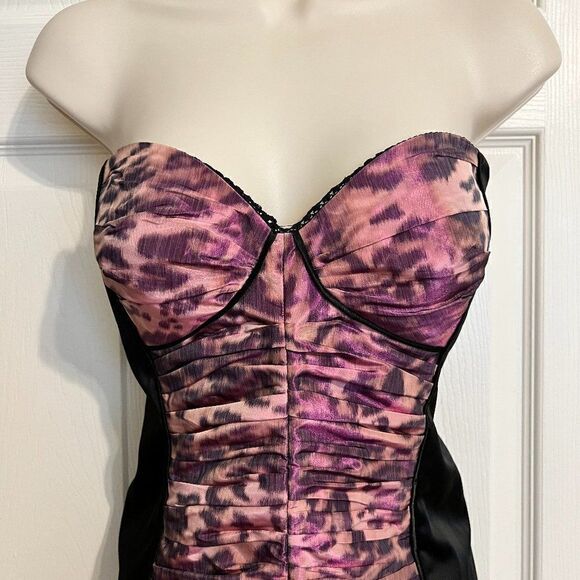Bebe Black with Purple Leopard Strapless Ruched Dress Size Medium - Picture 2 of 12